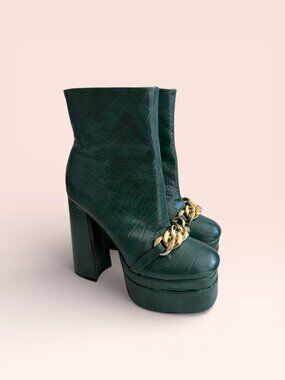 EGO Green Croc Embossed Gold Chain Detail Platform Boots Size UK 6 / US 8